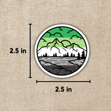 Load image into Gallery viewer, Aromantic Pride Mountainscape Flag Sticker
