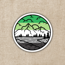 Load image into Gallery viewer, Aromantic Pride Mountainscape Flag Sticker
