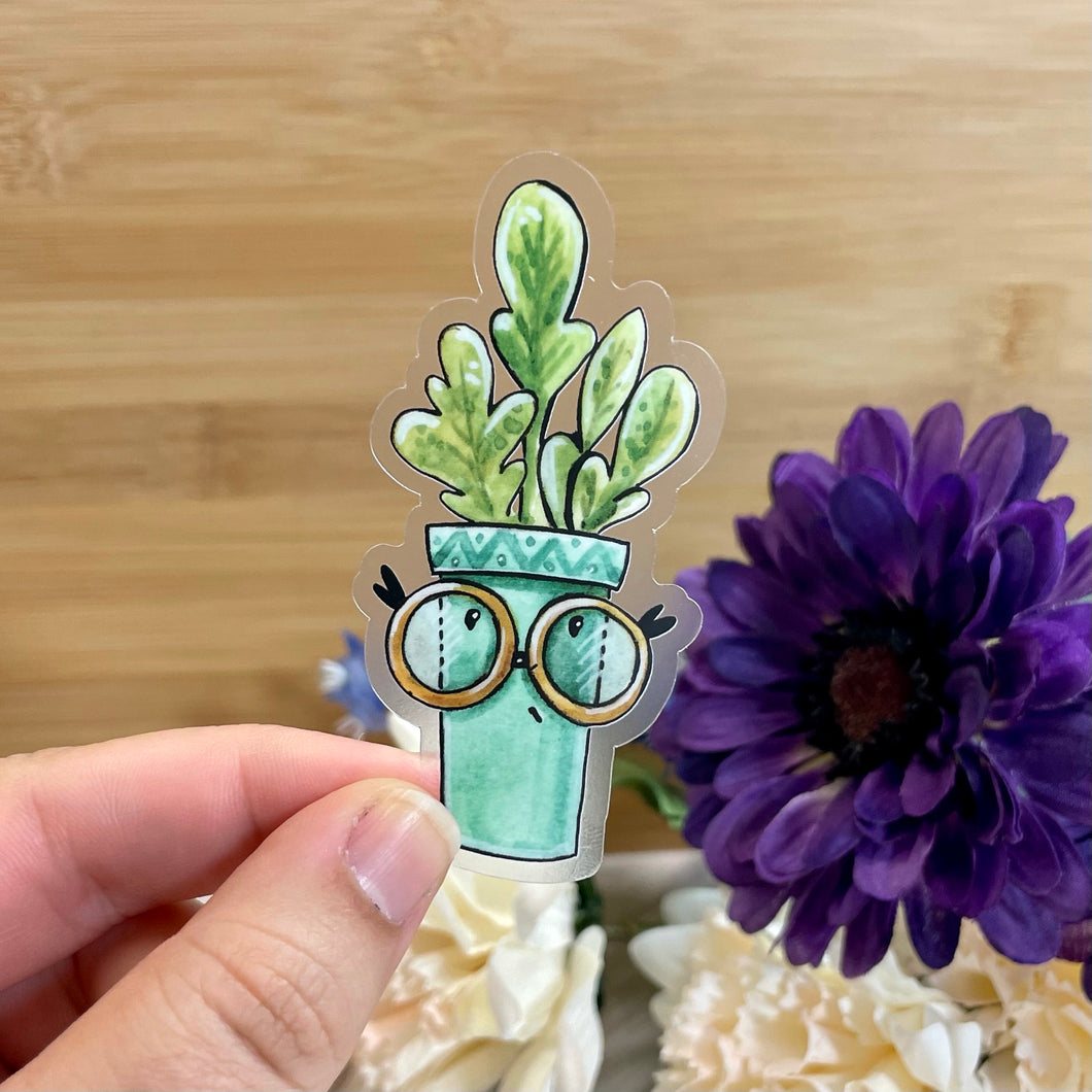 Succulent in Teal Pot with Glasses Clear Sticker