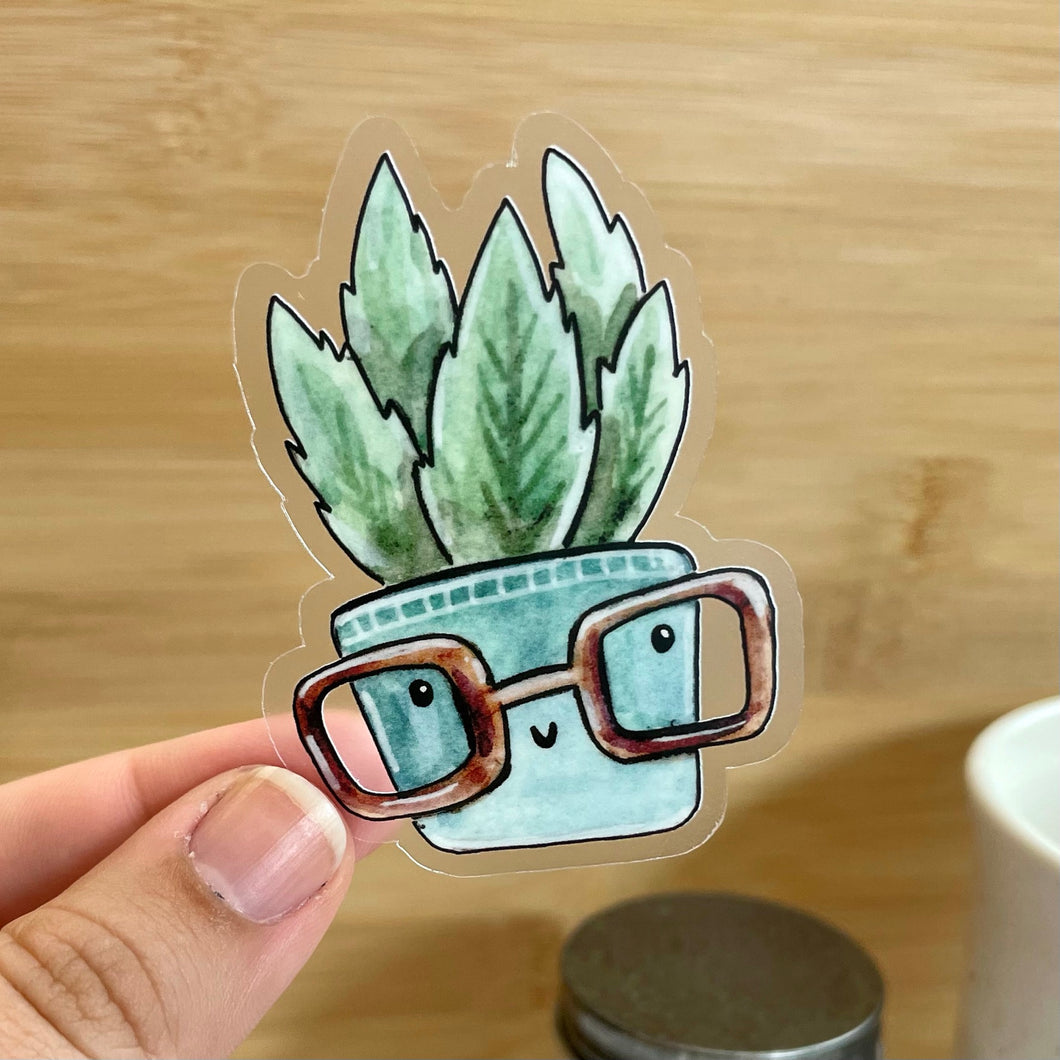 Succulent in Blue Pot with Glasses Clear Sticker