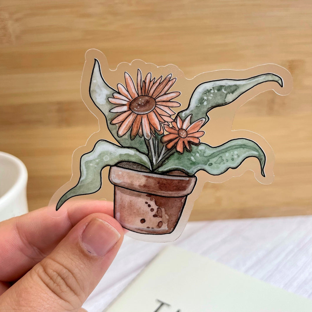 Potted Gerber Daisies Watercolor Clear Sticker