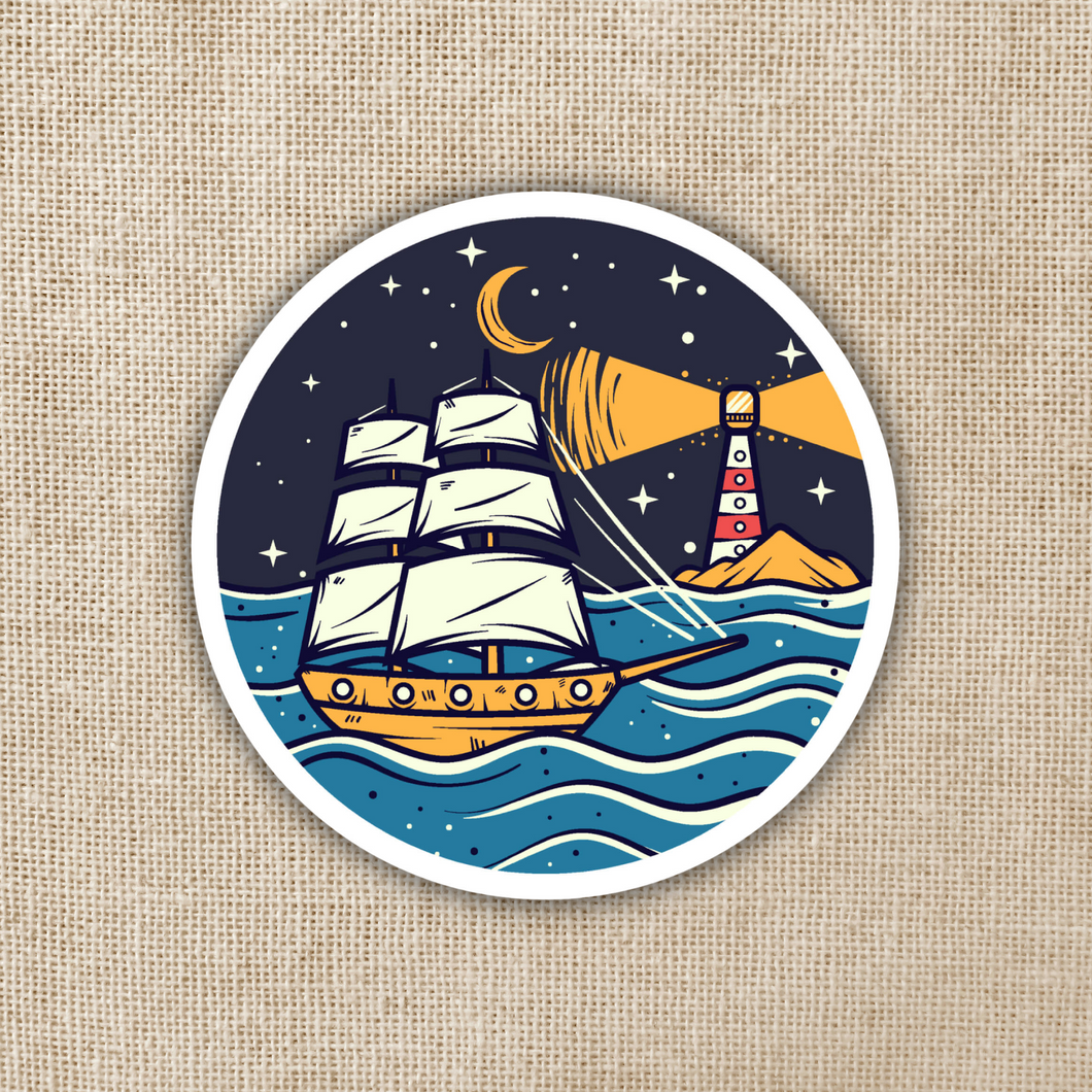 Nighttime Sailing Lighthouse Sticker
